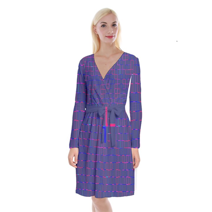 Grid Lines Square Pink Cyan Purple Blue Squares Lines Plaid Long Sleeve Velvet Front Wrap Dress