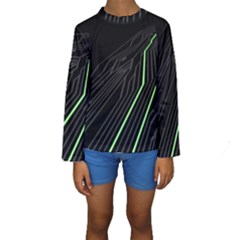 Green Lines Black Anime Arrival Night Light Kids  Long Sleeve Swimwear by Mariart