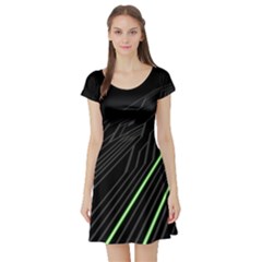 Green Lines Black Anime Arrival Night Light Short Sleeve Skater Dress by Mariart