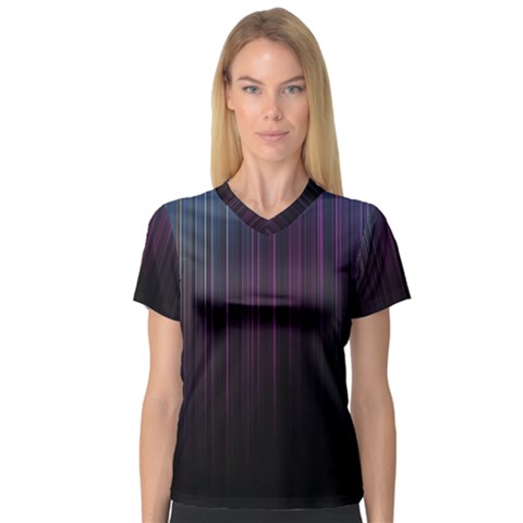 Moonlight Light Line Vertical Blue Black Women s V-neck Sport Mesh Tee by Mariart