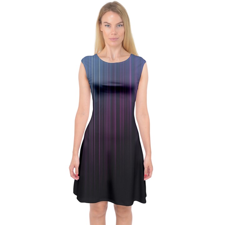 Moonlight Light Line Vertical Blue Black Capsleeve Midi Dress