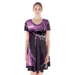 Lightning Pink Sky Rain Purple Light Short Sleeve V-neck Flare Dress