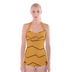 Orange Shades Wave Chevron Line Boyleg Halter Swimsuit  by Mariart