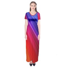 Multicolor Light Beam Line Rainbow Red Blue Orange Gold Purple Pink Short Sleeve Maxi Dress