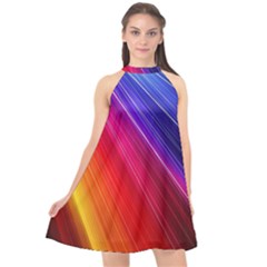 Multicolor Light Beam Line Rainbow Red Blue Orange Gold Purple Pink Halter Neckline Chiffon Dress 