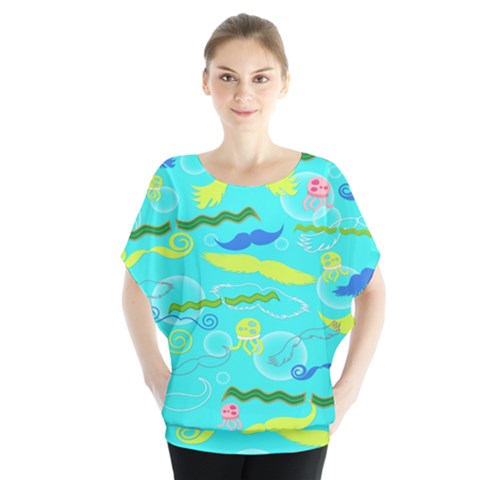 Mustache Jellyfish Blue Water Sea Beack Swim Blue Blouse by Mariart