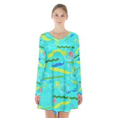 Mustache Jellyfish Blue Water Sea Beack Swim Blue Long Sleeve Velvet V-neck Dress by Mariart