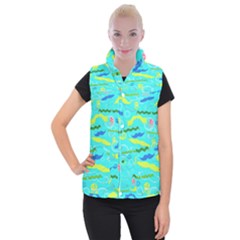 Mustache Jellyfish Blue Water Sea Beack Swim Blue Women s Button Up Puffer Vest