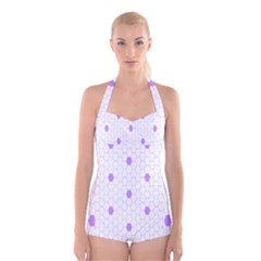 Purple White Hexagon Dots Boyleg Halter Swimsuit  by Mariart