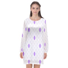 Purple White Hexagon Dots Long Sleeve Chiffon Shift Dress 