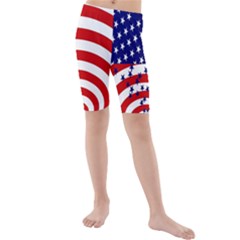 Star Line Hole Red Blue Kids  Mid Length Swim Shorts