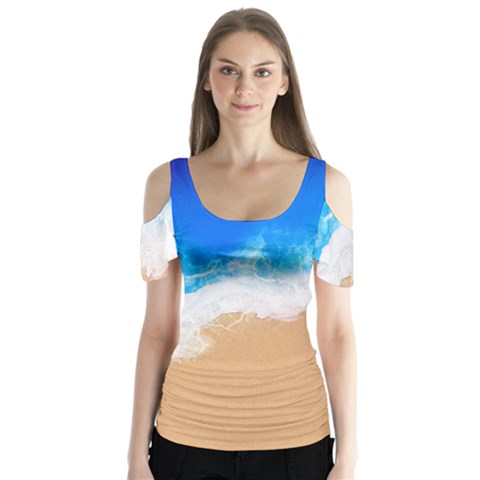 Sand Beach Water Sea Blue Brown Waves Wave Butterfly Sleeve Cutout Tee  by Mariart