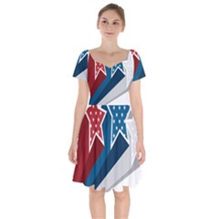 Star Red Blue White Line Space Short Sleeve Bardot Dress