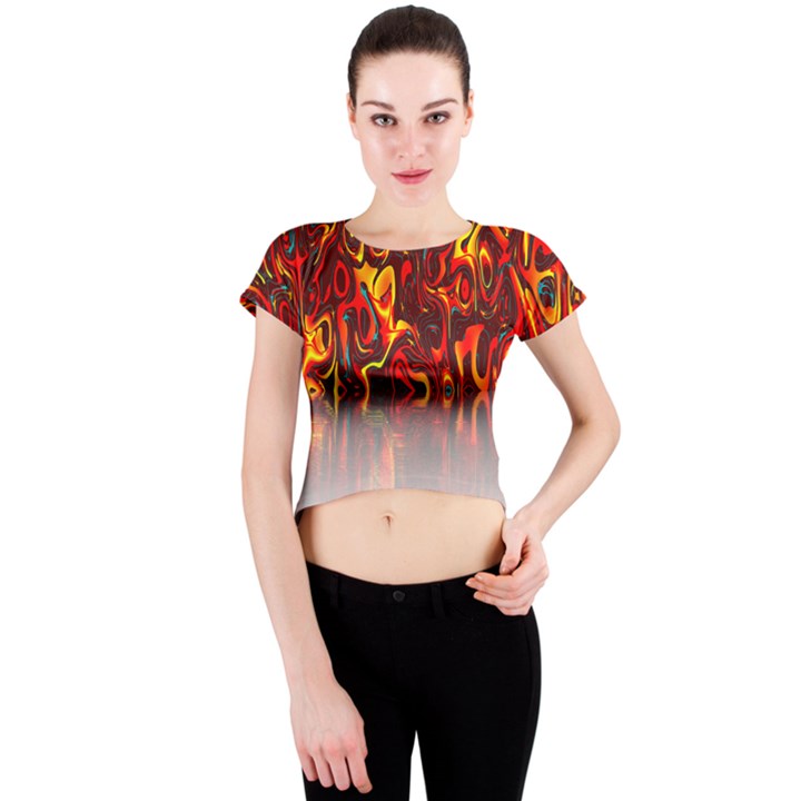 Effect Pattern Brush Red Orange Crew Neck Crop Top