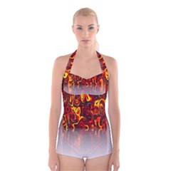 Effect Pattern Brush Red Orange Boyleg Halter Swimsuit  by Nexatart