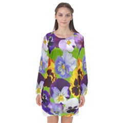 Spring Pansy Blossom Bloom Plant Long Sleeve Chiffon Shift Dress  by Nexatart