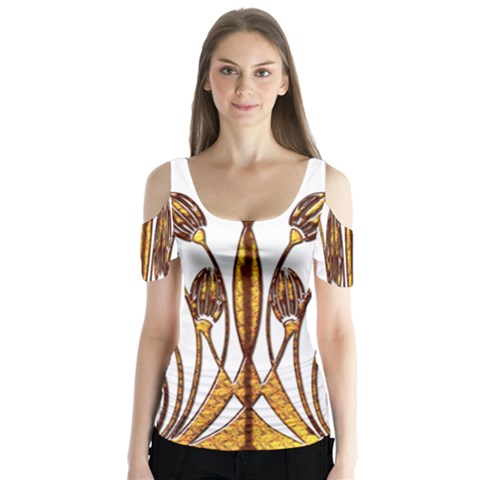 Scroll Gold Floral Design Butterfly Sleeve Cutout Tee  by Nexatart