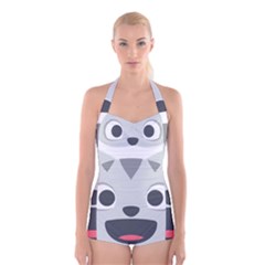 Cat Smile Boyleg Halter Swimsuit  by BestEmojis