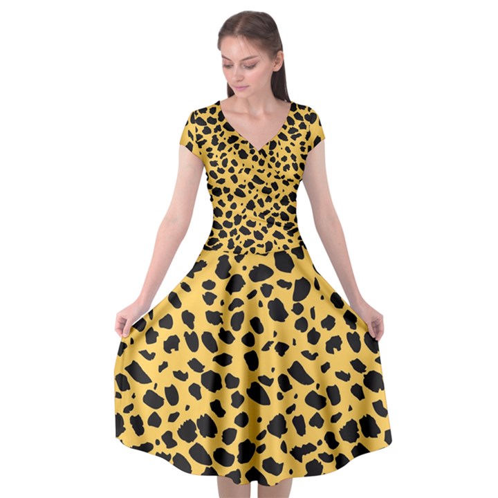 Skin Animals Cheetah Dalmation Black Yellow Cap Sleeve Wrap Front Dress