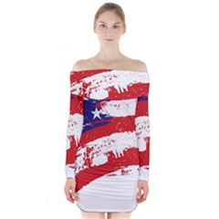 Red White Blue Star Flag Long Sleeve Off Shoulder Dress by Mariart