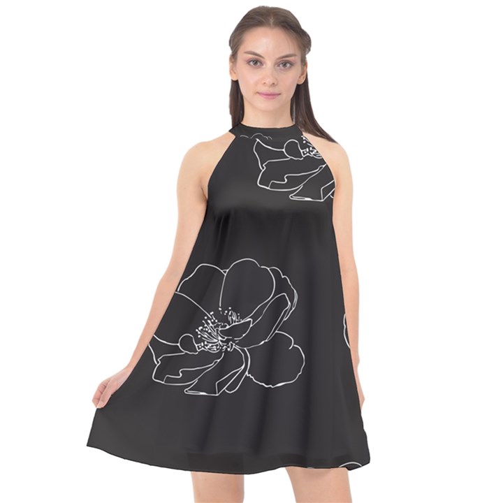 Rose Wild Seamless Pattern Flower Halter Neckline Chiffon Dress 