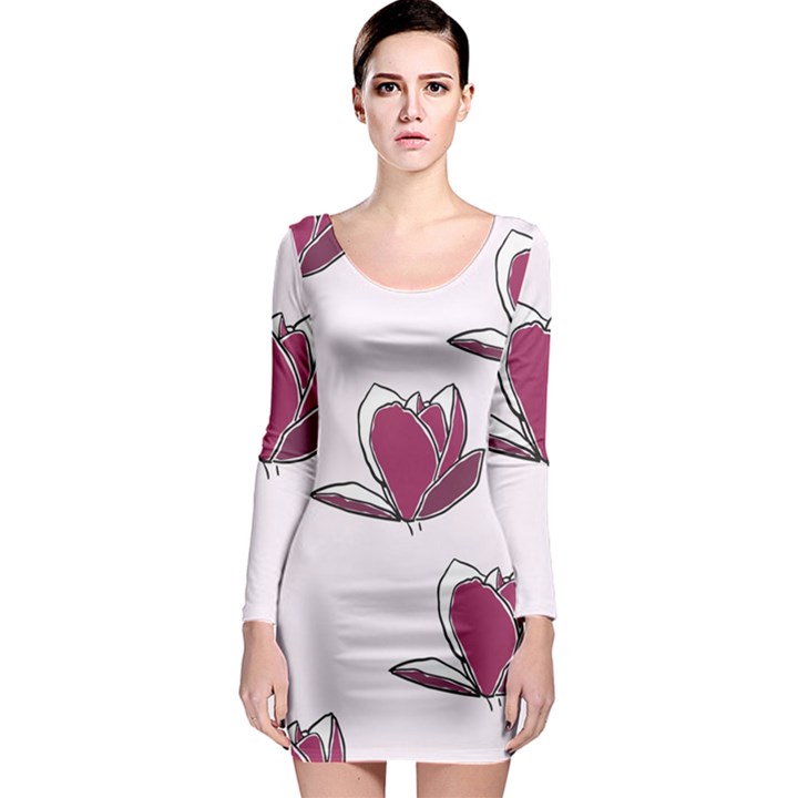 Magnolia Seamless Pattern Flower Long Sleeve Bodycon Dress