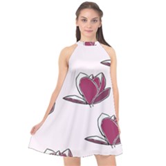 Magnolia Seamless Pattern Flower Halter Neckline Chiffon Dress 