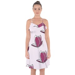 Magnolia Seamless Pattern Flower Ruffle Detail Chiffon Dress