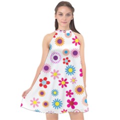 Floral Flowers Background Pattern Halter Neckline Chiffon Dress 