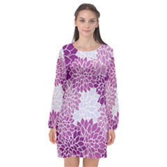 Floral Wallpaper Flowers Dahlia Long Sleeve Chiffon Shift Dress 