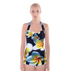 Flowers Black White Bunch Floral Boyleg Halter Swimsuit  by Nexatart