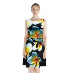 Flowers Black White Bunch Floral Sleeveless Waist Tie Chiffon Dress by Nexatart