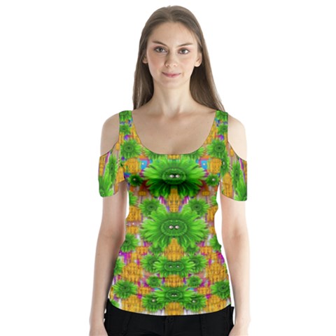 Jungle Love In Fantasy Landscape Of Freedom Peace Butterfly Sleeve Cutout Tee  by pepitasart