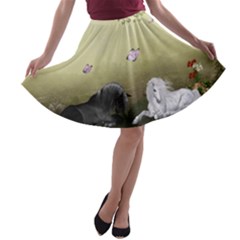 Wonderful Whte Unicorn With Black Horse A-line Skater Skirt by FantasyWorld7