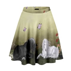 Wonderful Whte Unicorn With Black Horse High Waist Skirt by FantasyWorld7