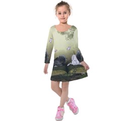 Wonderful Whte Unicorn With Black Horse Kids  Long Sleeve Velvet Dress by FantasyWorld7