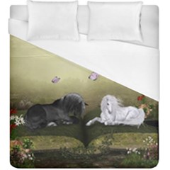 Wonderful Whte Unicorn With Black Horse Duvet Cover (king Size) by FantasyWorld7