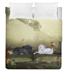 Wonderful Whte Unicorn With Black Horse Duvet Cover Double Side (queen Size) by FantasyWorld7