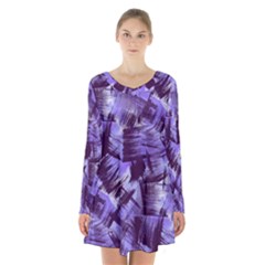 Purple Paint Strokes Long Sleeve Velvet V-neck Dress by KirstenStar