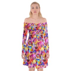 Spring Hearts Bohemian Artwork Off Shoulder Skater Dress