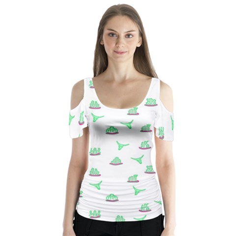 Cactus Pattern Butterfly Sleeve Cutout Tee  by ValentinaDesign