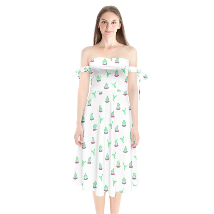 Cactus pattern Shoulder Tie Bardot Midi Dress