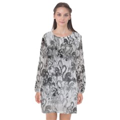 Flamingo Pattern Long Sleeve Chiffon Shift Dress 