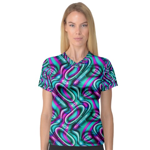 Circle Purple Green Wave Chevron Waves Women s V-neck Sport Mesh Tee by Mariart