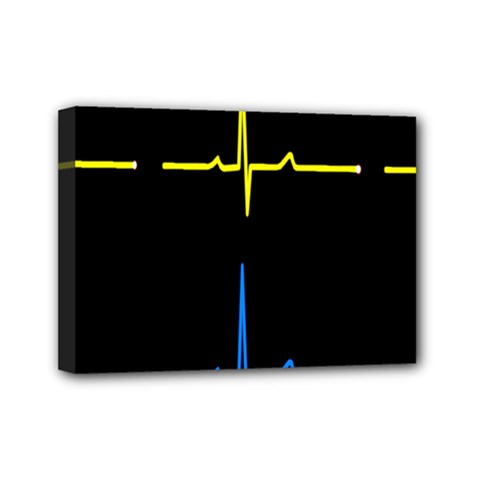 Heart Monitor Screens Pulse Trace Motion Black Blue Yellow Waves Mini Canvas 7  X 5  by Mariart