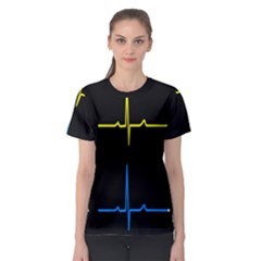 Heart Monitor Screens Pulse Trace Motion Black Blue Yellow Waves Women s Sport Mesh Tee