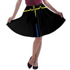 Heart Monitor Screens Pulse Trace Motion Black Blue Yellow Waves A-line Skater Skirt by Mariart