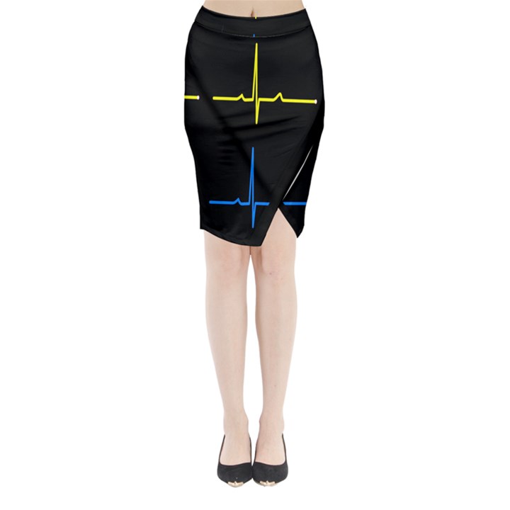 Heart Monitor Screens Pulse Trace Motion Black Blue Yellow Waves Midi Wrap Pencil Skirt