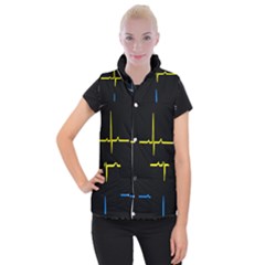 Heart Monitor Screens Pulse Trace Motion Black Blue Yellow Waves Women s Button Up Puffer Vest by Mariart