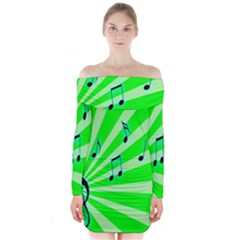 Music Notes Light Line Green Long Sleeve Off Shoulder Dress by Mariart